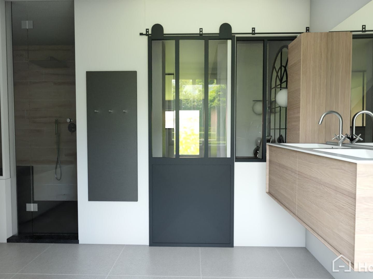 Rendu 3D d’une salle de bain avec paroi vitrée et double vasque