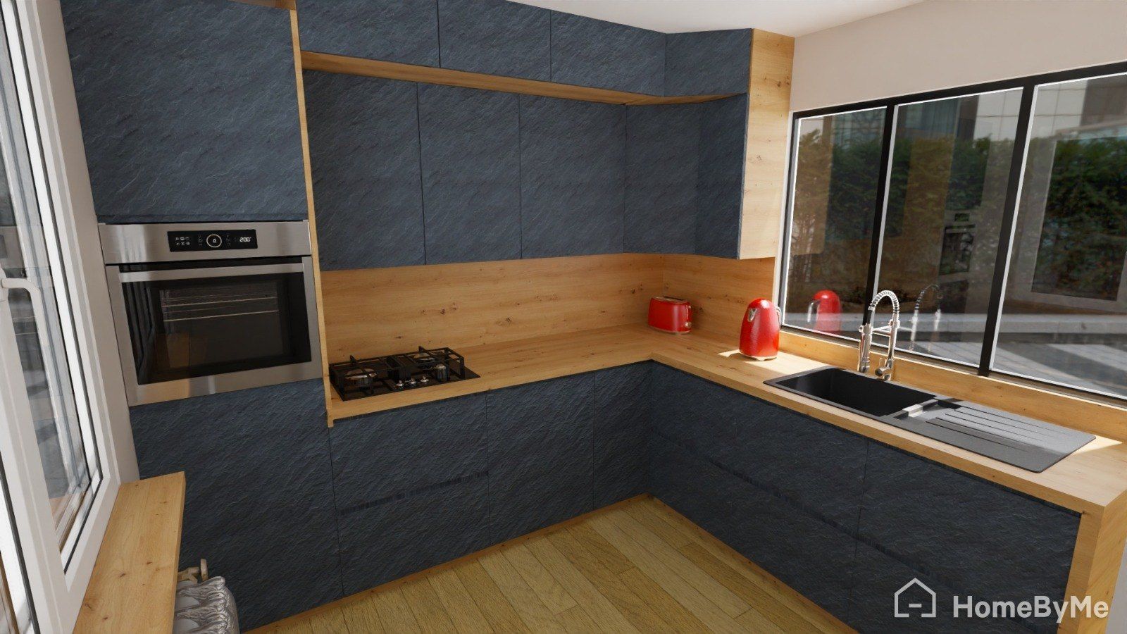 Projet 3D de la cuisine : implantation en L, four en colonne, plan de travail bois et évier placé sous les vitrages