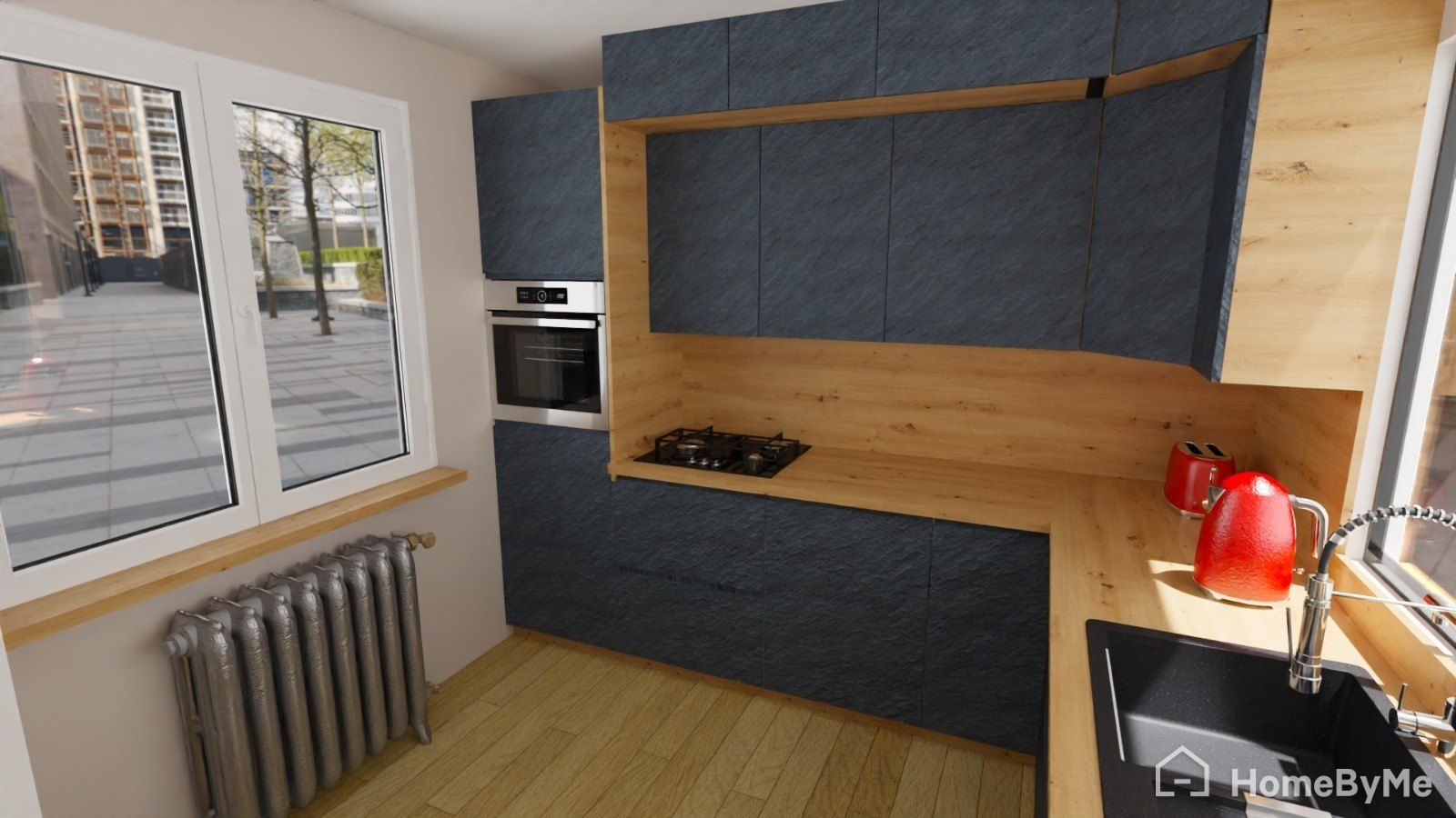 Projet 3D depuis la fenêtre : meubles hauts, crédence bois et radiateur en fonte conservé