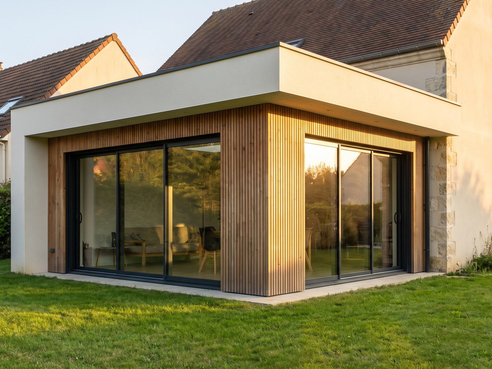 Extension contemporaine en bardage bois avec grandes baies coulissantes, raccordée à la maison existante