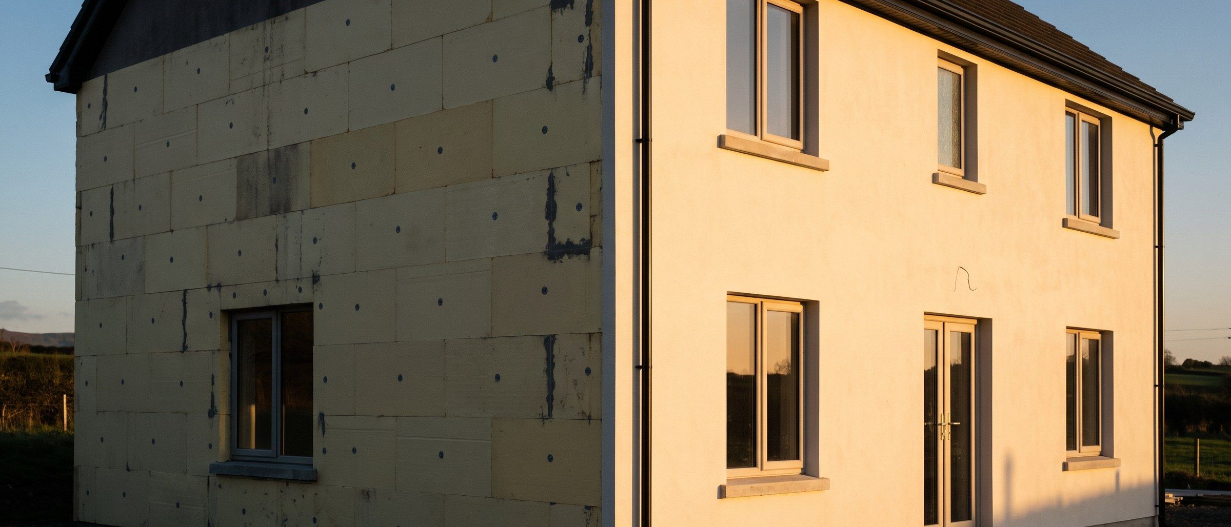 Façade à demi recouverte de panneaux isolants, partie finie enduite à droite