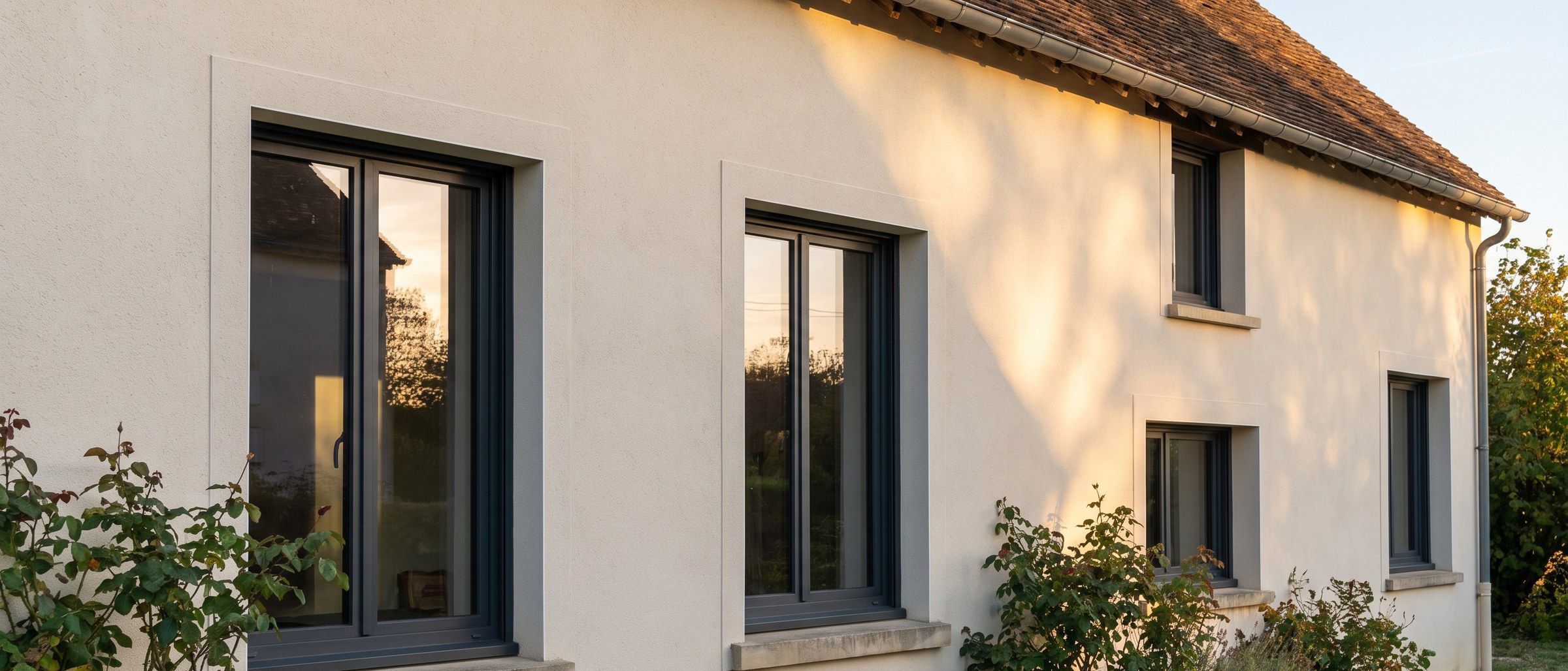 Fenêtres aluminium anthracite alignées le long d’une façade enduite