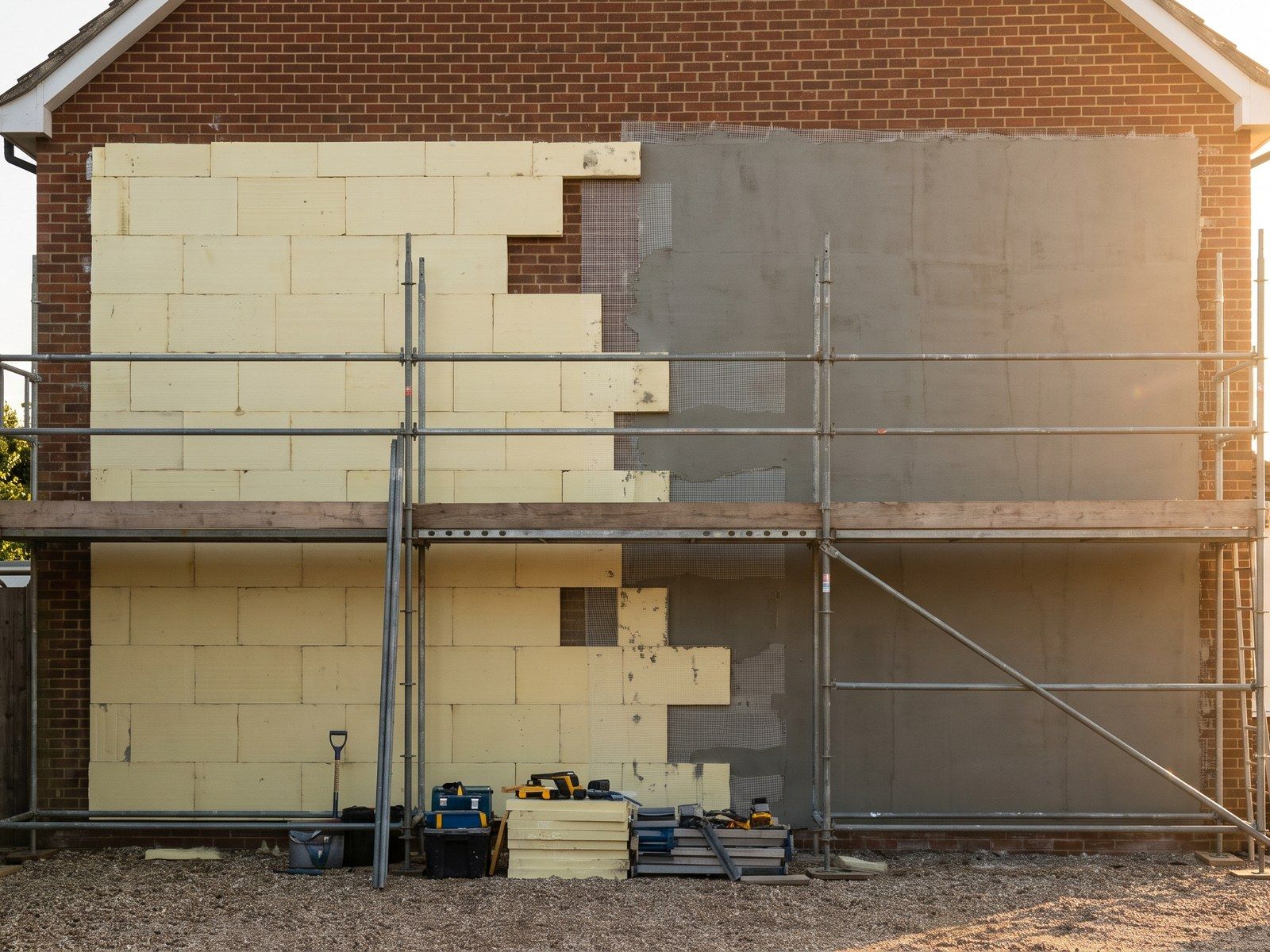 Chantier d'isolation par l'extérieur : panneaux isolants posés et sous-enduit en cours