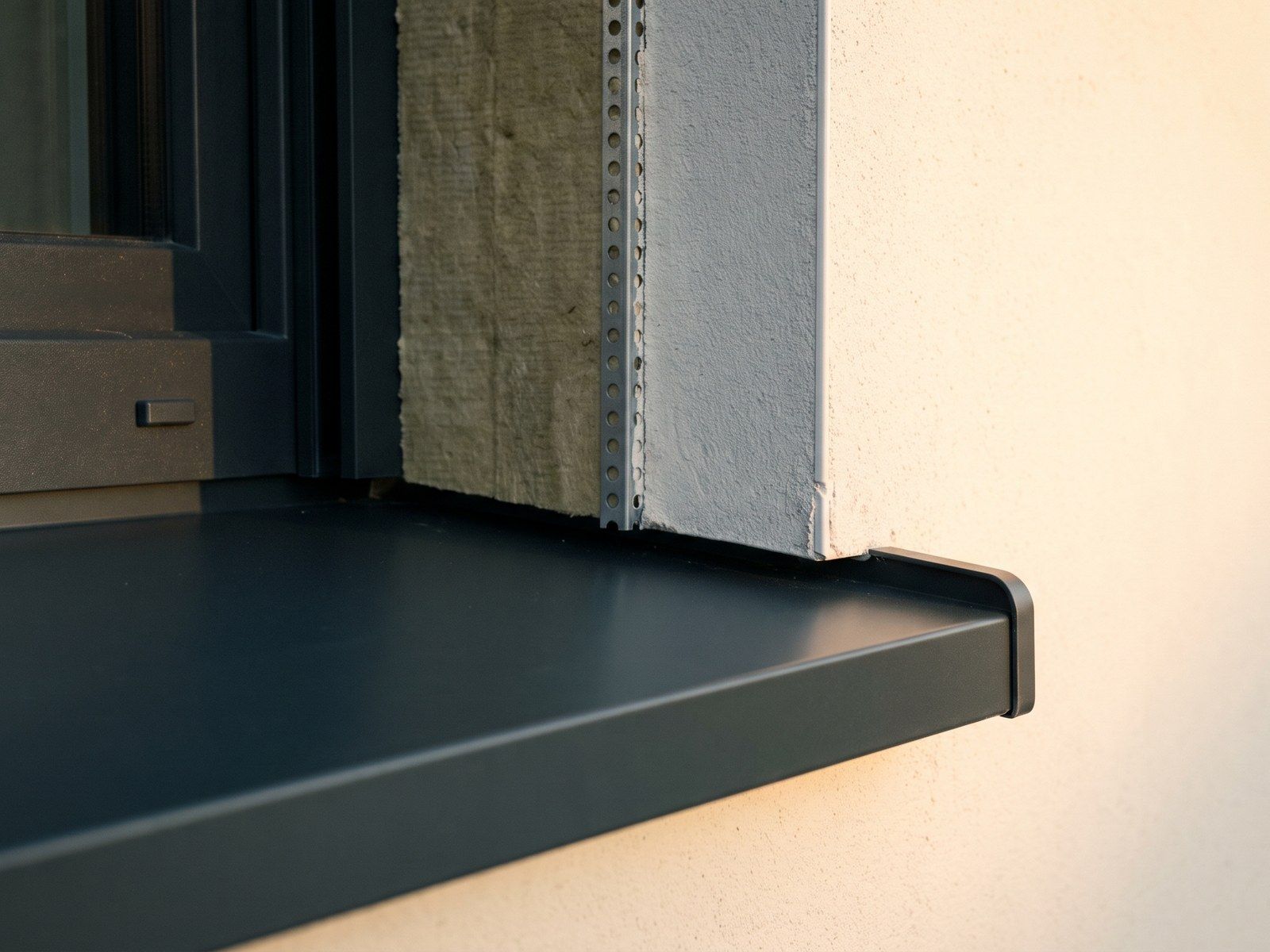 Détail d'isolation extérieure au droit d'une fenêtre, avec appui aluminium débordant