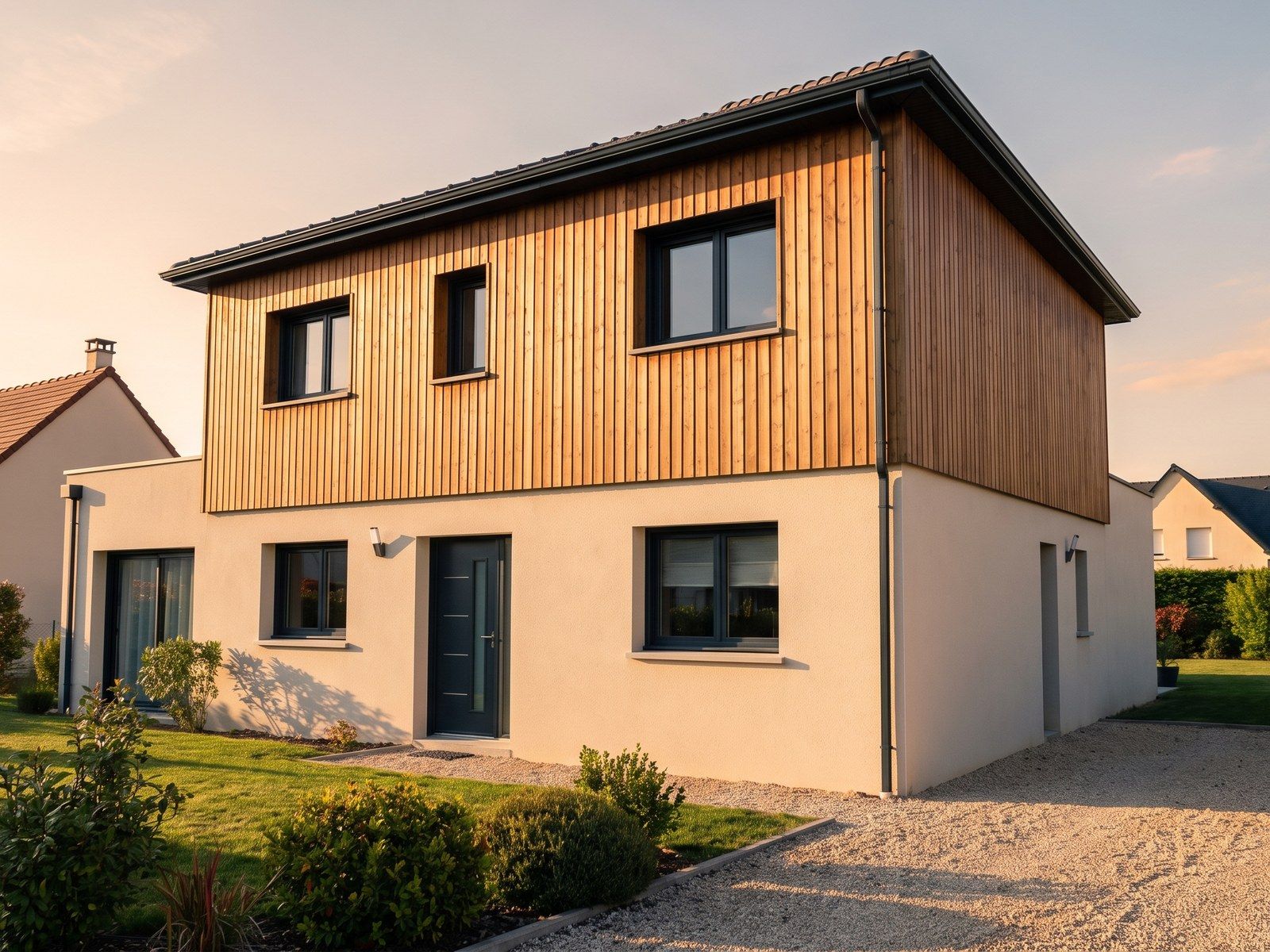 Maison isolée par l'extérieur, finition bardage bois à l'étage et enduit clair en soubassement