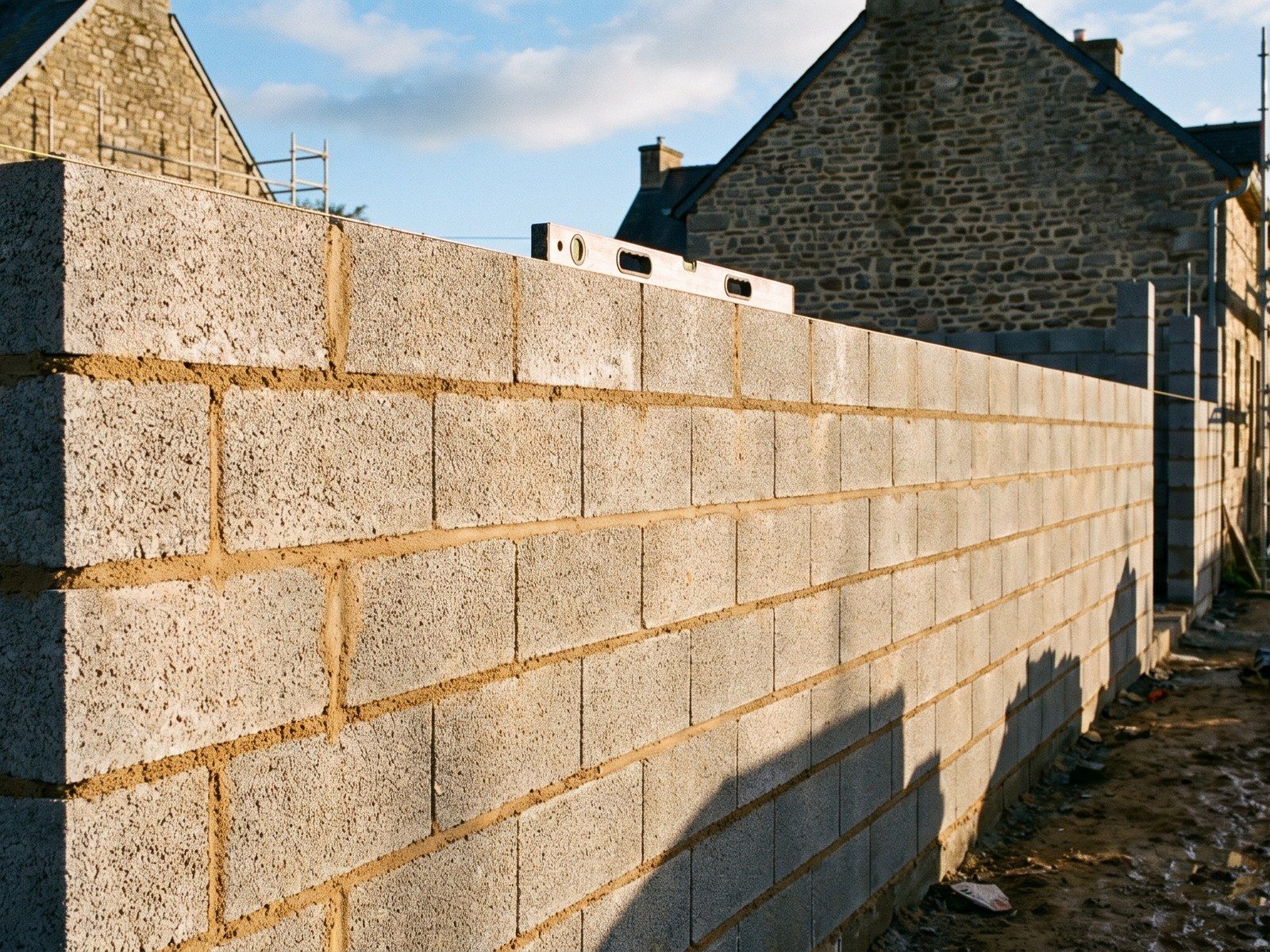 Mur en parpaing monté, assises de niveau et joints tirés