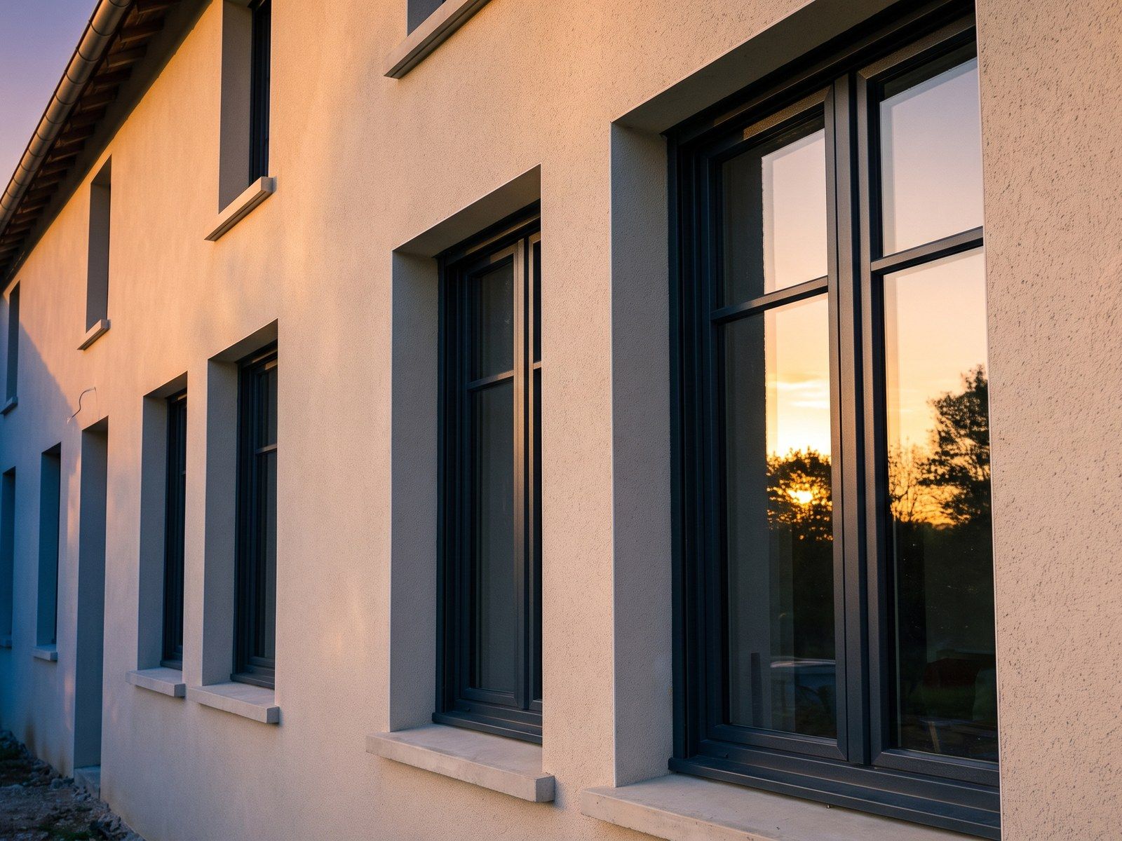 Fenêtres aluminium anthracite posées en façade, appuis et tableaux repris