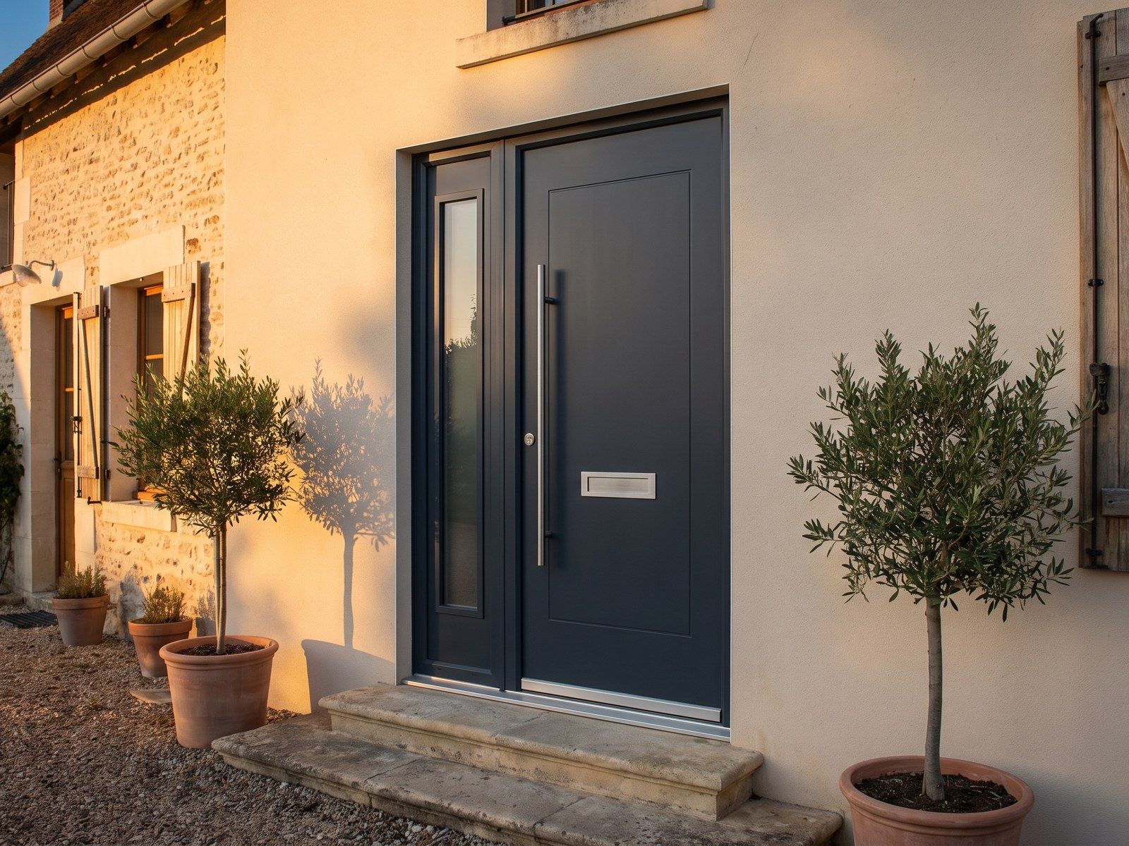 Porte d'entrée isolante contemporaine avec seuil aluminium