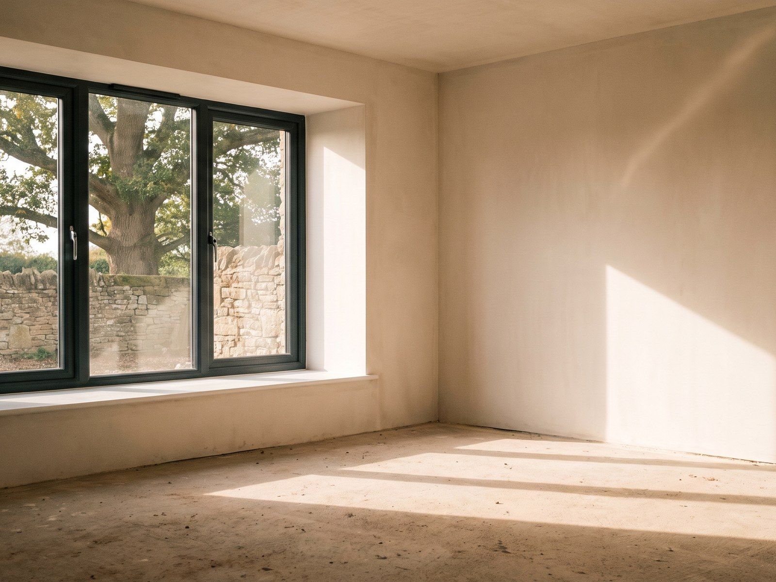 Fenêtre neuve vue de l'intérieur, tableau replâtré et joint repris
