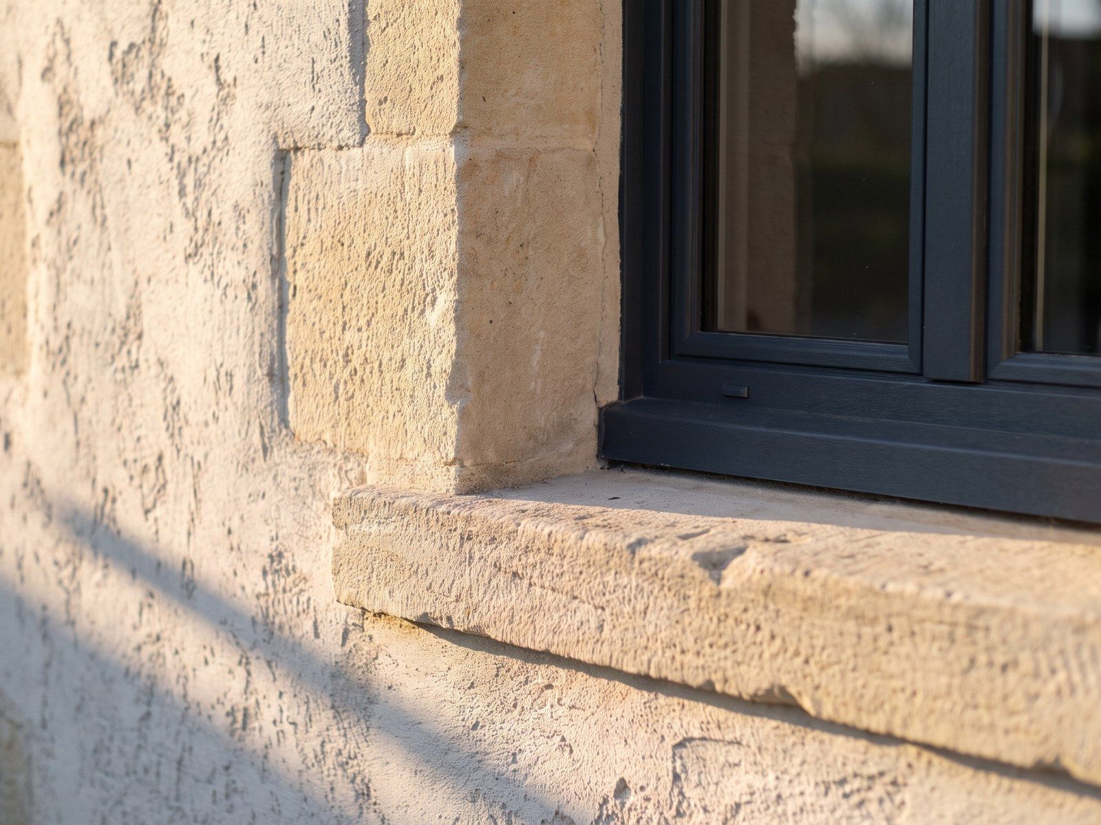 Détail d'enduit de façade au raccord d'un appui de fenêtre en pierre