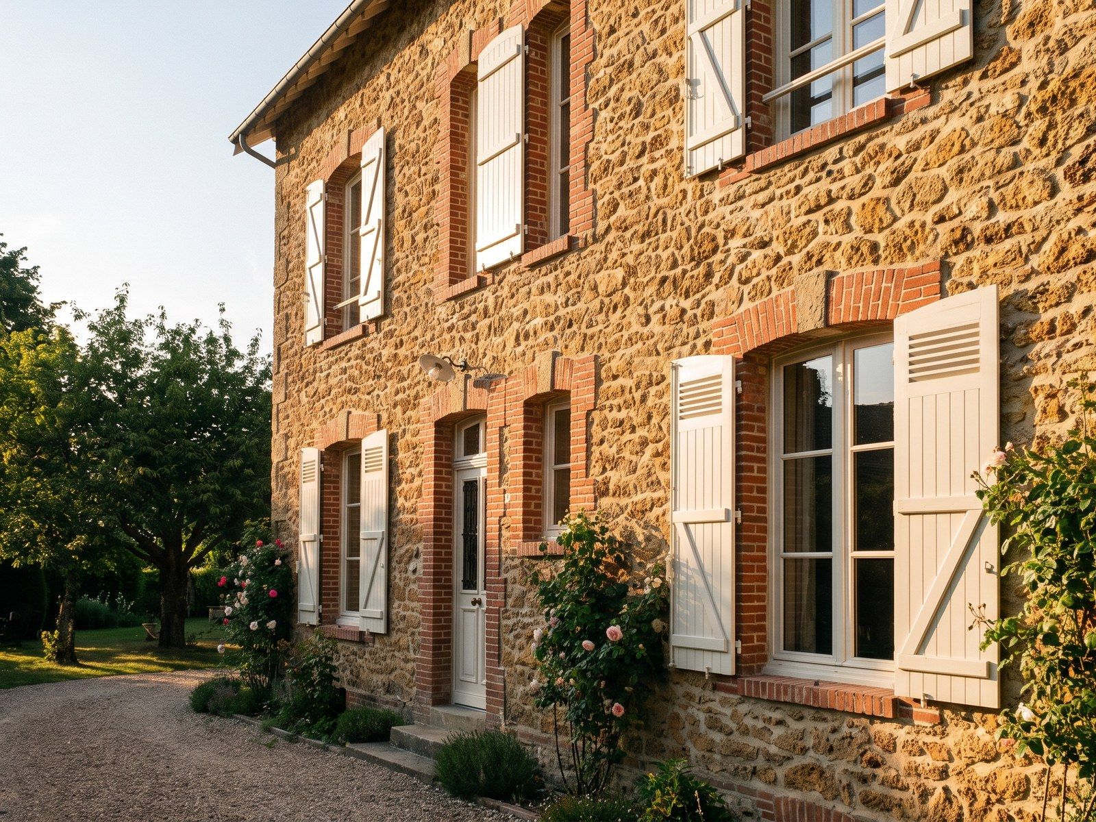Façade en meulière restaurée, encadrements de brique rejointoyés et volets repeints