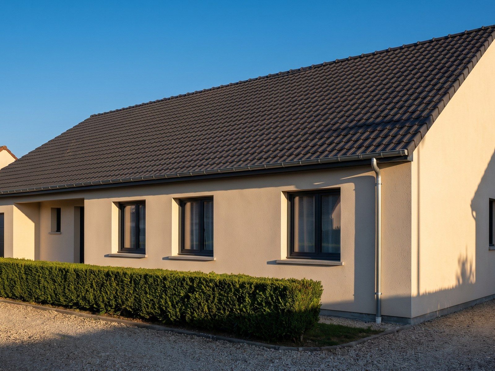 Pavillon après ravalement de façade : enduit clair, encadrements anthracite et gouttières neuves